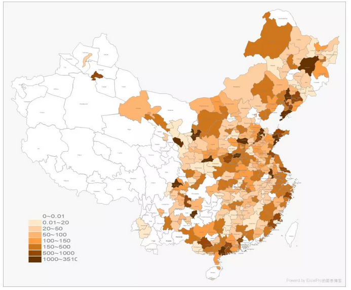 截至2014年各地已开建新城的规划面积（单位：km2）