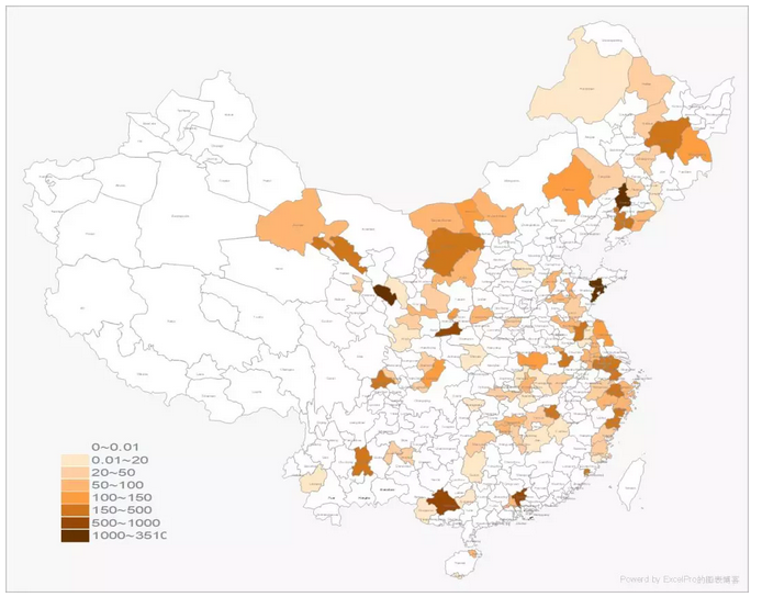 截至2006年各地已开建新城的规划面积（单位：km2）