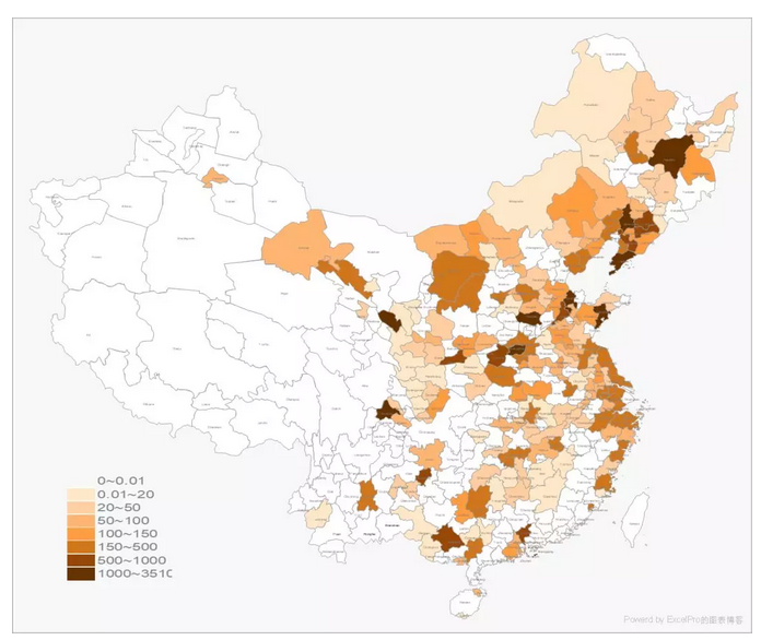 截至2010年各地已开建新城的规划面积（单位：km2）