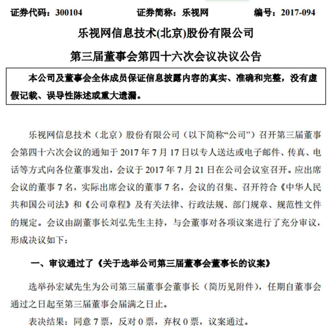 乐视网发公告：孙宏斌当选乐视网董事长