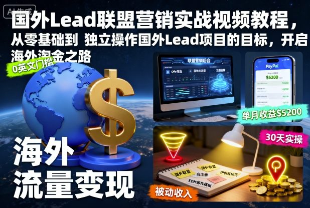 国外Lead联盟营销实战视频教程，从零基础到独立操作国外Lead项目的目标，开启海外淘金之路